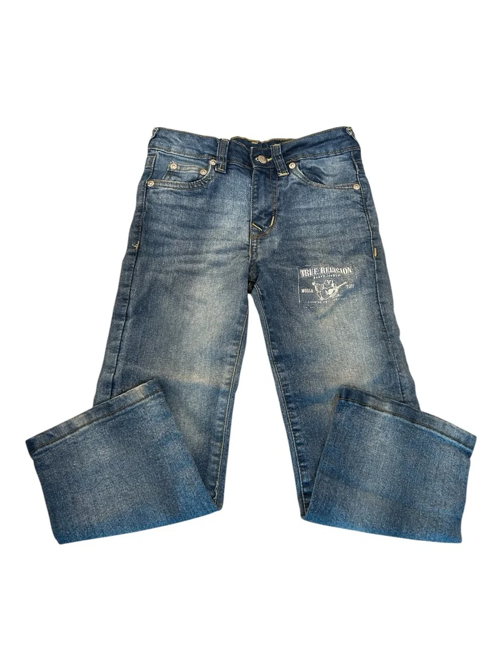 True Religion Boys Distressed Medium Wash Straight Leg Jeans Graphic Leg Logo